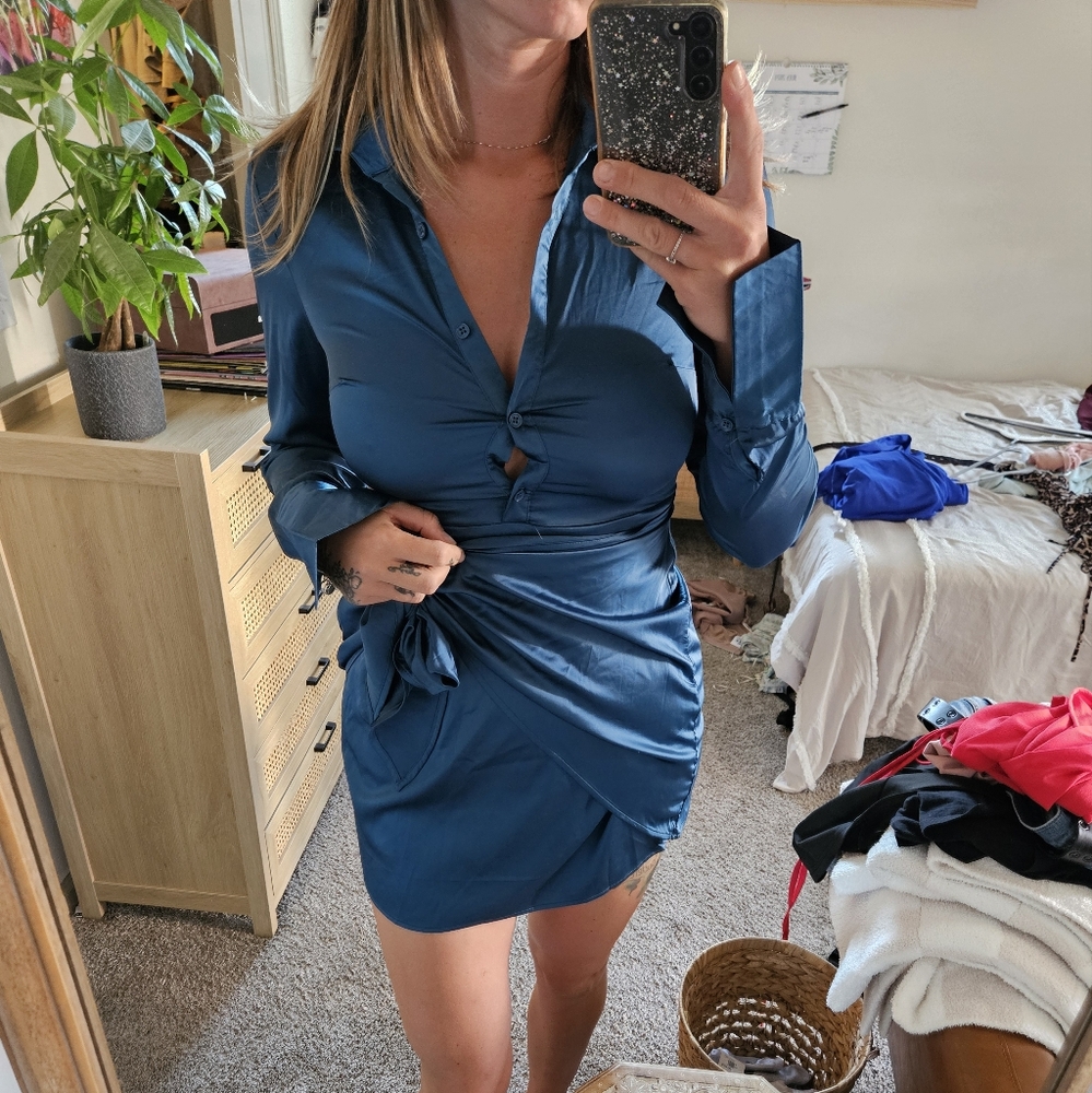 Princess poly satin dark blue shirt dress